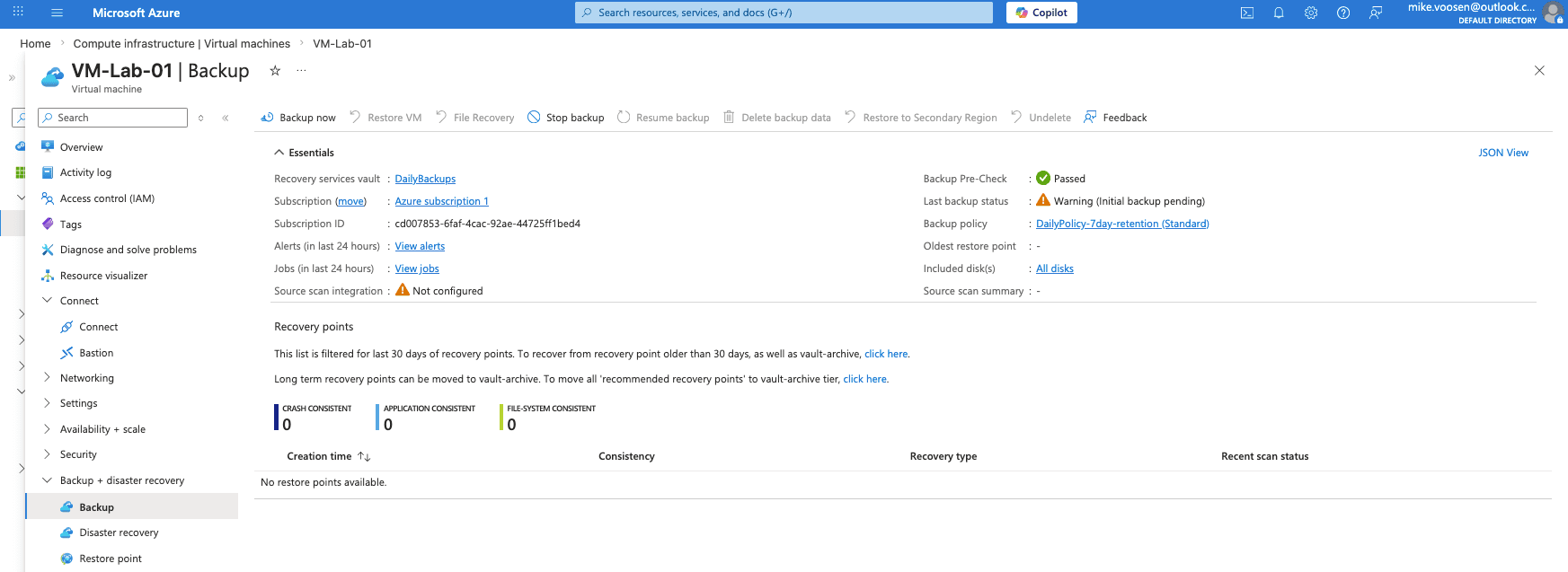 VM backup jobs and restore points