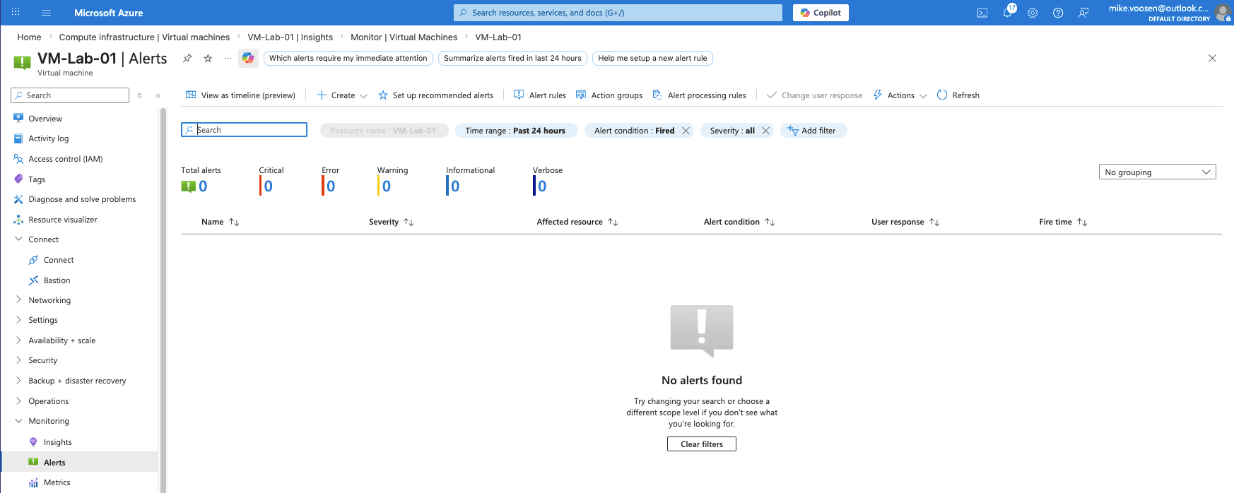VM monitoring alert rules and fired alerts