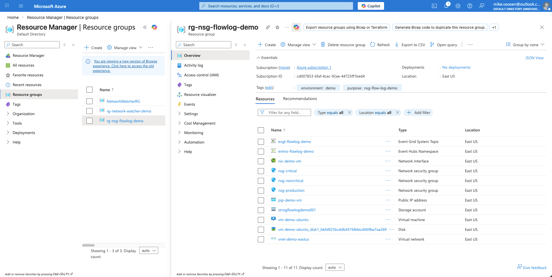Resource group rg-nsg-flowlog-demo showing all 11 provisioned resources