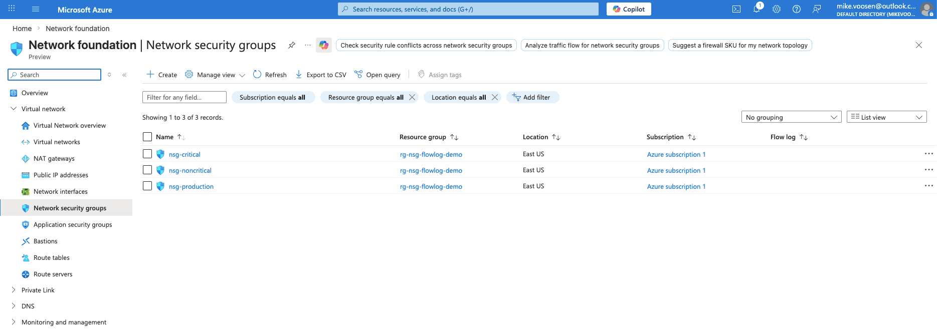 Network security groups list: nsg-critical, nsg-noncritical, nsg-production