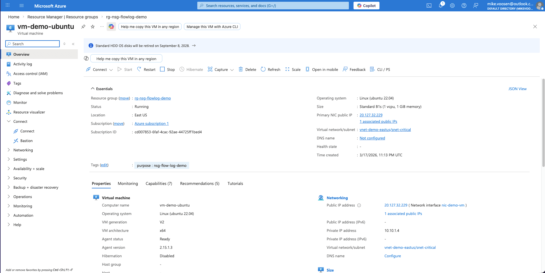 Ubuntu VM vm-demo-ubuntu in snet-critical subnet generating test traffic
