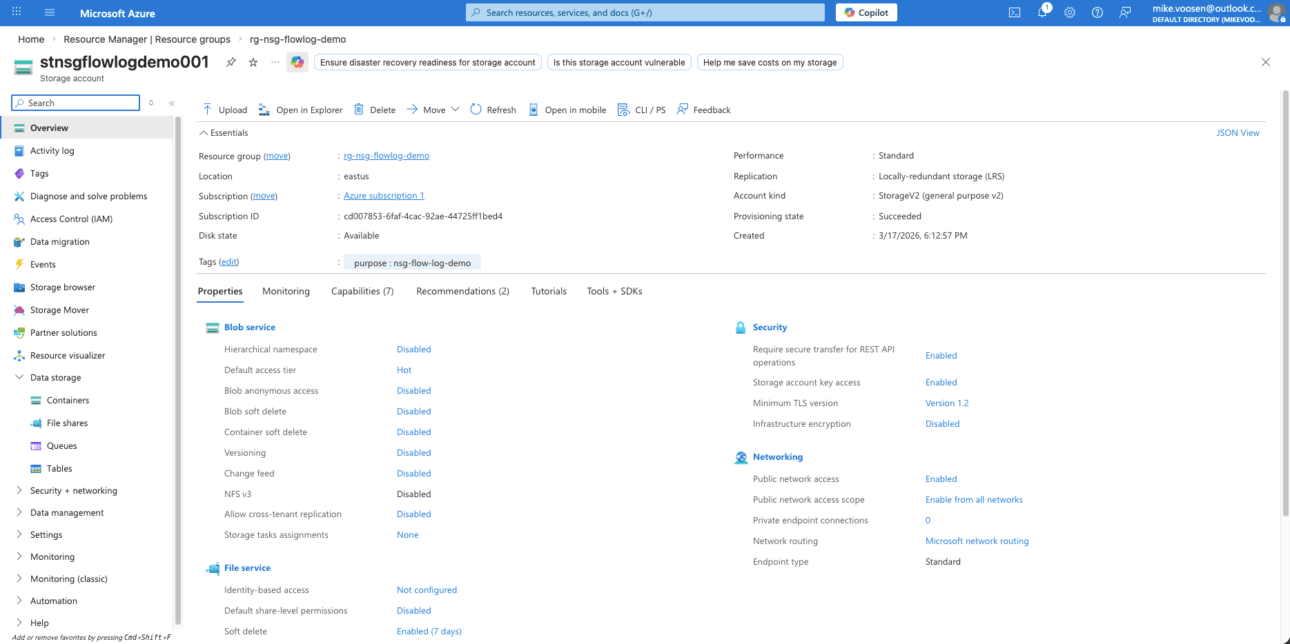 Storage account stnsgflowlogdemo001 receiving NSG flow log blobs