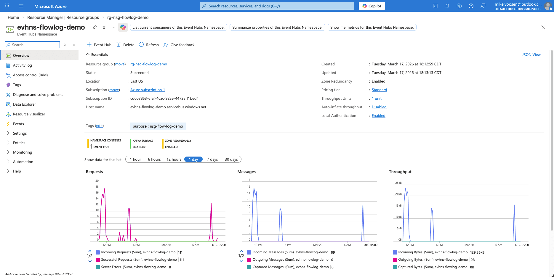 Event Hubs namespace evhns-flowlog-demo Standard tier with zone redundancy